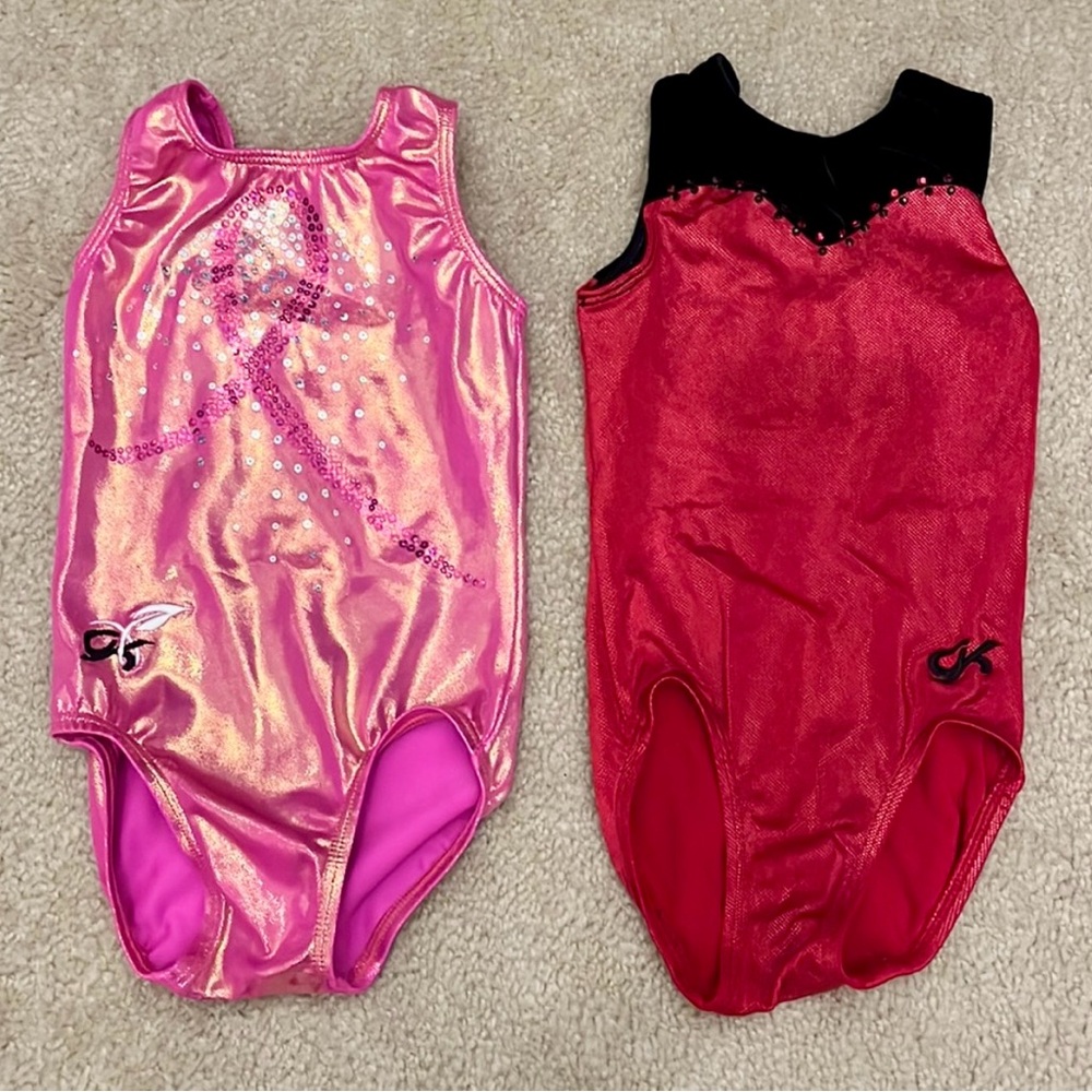 Bundle of 2 GK Gymnastics Bodysuit Leotards - Pink Shimmer; Red w/ Black Velvet